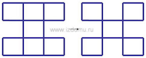 Из фигуры полученной в задании 2, вынуть 2 спички, чтоб получилось пять квадратов