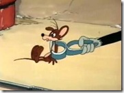 cartoon cat grabs mouse with metal tongs