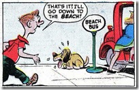 cartoon dog hot sweaty near beach bus sign