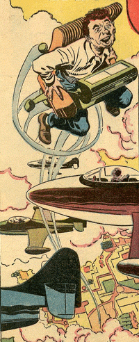 Splash panel from Alarming Tales #1 by Jack Kirby Man in flying chair zooms past air force jets to soar through the upper atmosphere