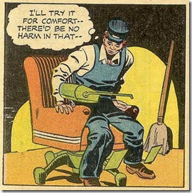 Janitor sits down in flying chair in a comic book story by Jack Kirby 1957 scans