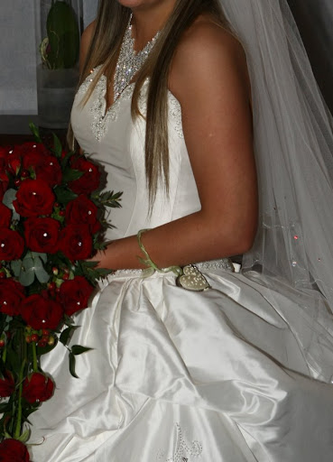 lavished strapless wedding dress + rose bridal flower