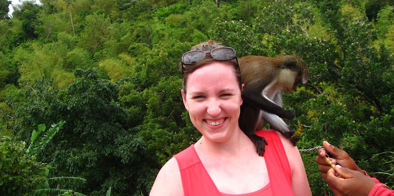 Anna with a monkey on her shoulder