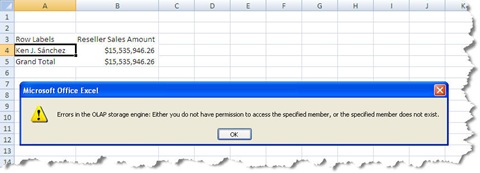 Error in Excel 2007 PivotTable with Dimension Security