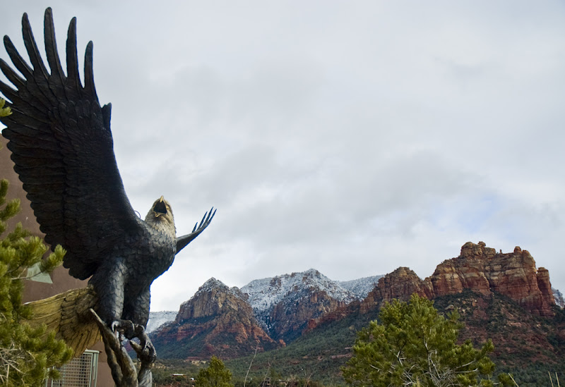 DSC_6539 Sedona with snow and bronze of eagle flying e nauman.jpg