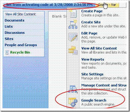 Changed site title and link in Site Actions menu.