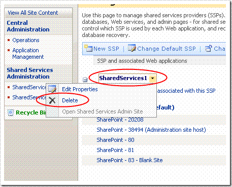 Deleting a Shared Service Provider.