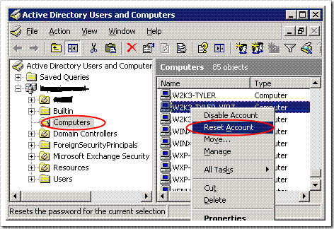 Reseting Machine Account in Windows 2003