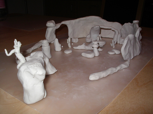 miniature clay sketch of our set (from a different perspective)