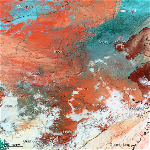 NASA公布中国雪灾卫星图