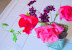 Found bouquet - bright pink roses, young geranium and something purple. 