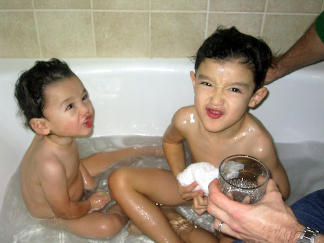 Kai and Eidan mugging for the camera, at a hotel in Boston
