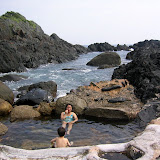 Kai and Maria in a hot spring pool at Hirauchi Kaichu onsen, in Yakushima