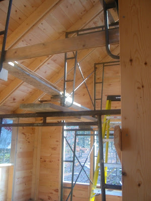 Looking toward the study with a ceiling and scaffold.