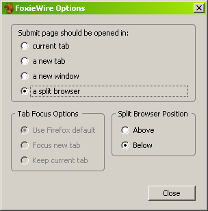 FoxieWire Options with Split Browser extension installed FoxieWire Options with Split Browser