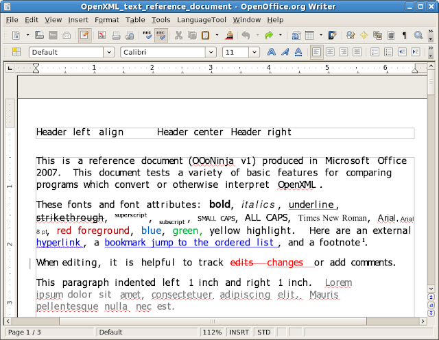 Results of Zamzar conversion from reference OpenXML .docx document to OpenDocument .odt