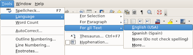 OpenOffice.org: The Tools-Language menu allows you to change the document language