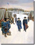 Baron von Steuben (left) walks with Gen. George Washington through the Continental Army camp at Valley Forge in 1778, shown in an engraving after Howard Pyle.