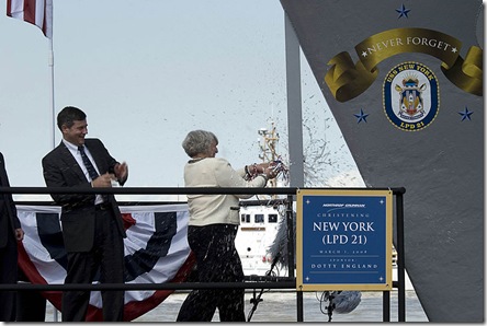 Dotty England smash champange agaist USS New York assault ship